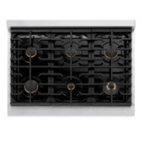 ZLINE Autograph Edition 4-Piece Appliance Package - 36-Inch Gas Range, Refrigerator, Wall Mounted Range Hood, & 24-Inch Tall Tub Dishwasher in Stainless Steel with Champagne Bronze Trim (4KAPR-SGRRHDWM36-CB)