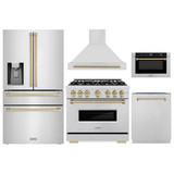 ZLINE 5-Piece Appliance Package - 36-Inch Gas Range, Hood, Refrigerator with Water Dispenser, Dishwasher, and Microwave Drawer in Stainless Steel with Champagne Bronze Accents