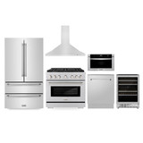 ZLINE Appliance Package - 36-Inch Gas Range, Range Hood, Microwave Drawer, Tall Tub Dishwasher and Wine Cooler in Stainless Steel (6KPR-SGRRH36-MWDWV-RWV)