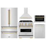 ZLINE 5-Piece Appliance Package - 30-Inch Dual Fuel Range, Hood, Refrigerator, Dishwasher, and Microwave Drawer in Stainless Steel with Gold Accents