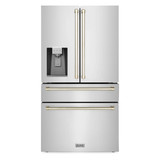 ZLINE Autograph Edition 4-Piece Appliance Package - 36-Inch Gas Range, Refrigerator with Water Dispenser, Wall Mounted Range Hood, & 24-Inch Tall Tub Dishwasher in Stainless Steel with Gold Trim (4AKPR-SGRRHDWM36-G)