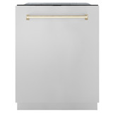 ZLINE Autograph Edition 4-Piece Appliance Package - 36-Inch Gas Range, Refrigerator with Water Dispenser, Wall Mounted Range Hood, & 24-Inch Tall Tub Dishwasher in Stainless Steel with Gold Trim (4AKPR-SGRRHDWM36-G)