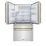 ZLINE 5-Piece Appliance Package - 48-Inch Dual Fuel Range, Hood, Refrigerator with Water Dispenser, Dishwasher, and Microwave Drawer in Stainless Steel with Gold Accents
