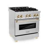 ZLINE Autograph Edition 4-Piece Appliance Package - 30-Inch Dual Fuel Range, Refrigerator with Water Dispenser, Wall Mounted Range Hood, & 24-Inch Tall Tub Dishwasher in Stainless Steel with Gold Trim (4AKPR-RARHDWM30-G)