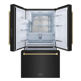 ZLINE Autograph 36-Inch Standard-Depth French Door Refrigerator with External Water Dispenser & Dual Ice Maker in Black Stainless Steel with Bronze Helix Handles (RSMZ-W36-BS-KCB)