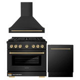 ZLINE Autograph Edition 3-Piece Appliance Package - 36-Inch Gas Range, Wall Mounted Range Hood, & 24-Inch Tall Tub Dishwasher in Black Stainless Steel with Champagne Bronze Trim (3AKP-SGRBRHDWV36-CB)