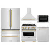 ZLINE 5-Piece Appliance Package - 30-Inch Dual Fuel Range, Hood, Refrigerator, Dishwasher, and Microwave Drawer in Stainless Steel with Champagne Bronze Accents