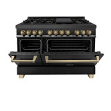 ZLINE Autograph Edition 2-Piece Appliance Package - 48-Inch Dual Fuel Range & Wall Mounted Range Hood in Black Stainless Steel with Champagne Bronze Trim (2AKP-RABRH48-CB)