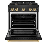 ZLINE Autograph Edition 4-Piece Appliance Package - 30-Inch Gas Range, Refrigerator with Water Dispenser, Wall Mounted Range Hood, & 24-Inch Tall Tub Dishwasher in Black Stainless Steel with Champagne Bronze Trim (4KAPR-SGRBRHDWV30-CB)