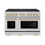ZLINE Autograph Edition 48-Inch 6.7 cu. ft. Paramount Gas Range with 8 Burner DuoPro™ Cooktop and Dual Ovens in Satin Stainless Steel and Polished Gold Accents (PSGRSZ-48-G)