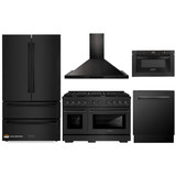 ZLINE 5-Piece Appliance Package - 48-Inch Gas Range, Refrigerator, Convertible Wall Mount Hood, Microwave Drawer, and 3-Rack Dishwasher in Black Stainless Steel (5KPR-SGRBRH48-MWDWV)