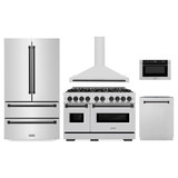 ZLINE 5-Piece Appliance Package - 48-Inch Gas Range, Hood, Refrigerator, Dishwasher, and Microwave Drawer in Stainless Steel with Matte Black Accents
