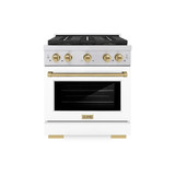 ZLINE Autograph Edition 30-Inch 4.2 cu. ft. Paramount Gas Range with 4 Burner DuoPro™ Cooktop and Convection Gas Oven in Stainless Steel with White Matte Door and Champagne Bronze Accents (PSGRZ-WM-30-CB)