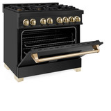 ZLINE Autograph Edition 3-Piece Appliance Package - 36-Inch Dual Fuel Range, Wall Mounted Range Hood, & 24-Inch Tall Tub Dishwasher in Black Stainless Steel with Gold Trim (3AKP-RABRHDWV36-G)