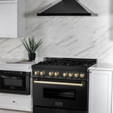 ZLINE Autograph Edition 3-Piece Appliance Package - 36-Inch Dual Fuel Range, Wall Mounted Range Hood, & 24-Inch Tall Tub Dishwasher in Black Stainless Steel with Gold Trim (3AKP-RABRHDWV36-G)