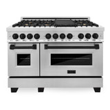 ZLINE Autograph Edition 4-Piece Appliance Package - 48-Inch Dual Fuel Range, Refrigerator, Wall Mounted Range Hood, & 24-Inch Tall Tub Dishwasher in Stainless Steel with Matte Black Trim (4KAPR-RARHDWM48-MB)
