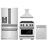 ZLINE Autograph Edition 4-Piece Appliance Package - 30-Inch Gas Range, Refrigerator with Water Dispenser, Wall Mounted Range Hood, & 24-Inch Tall Tub Dishwasher in Stainless Steel with Matte Black Trim (4AKPR-SGRRHDWM30-MB)