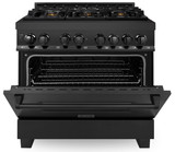 ZLINE 5-Piece Appliance Package - 36-Inch Dual Fuel Range, Refrigerator with Water Dispenser, Convertible Wall Mount Hood, Microwave Drawer, and 3-Rack Dishwasher in Black Stainless Steel