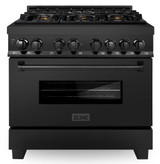 ZLINE 5-Piece Appliance Package - 36-Inch Dual Fuel Range, Refrigerator with Water Dispenser, Convertible Wall Mount Hood, Microwave Drawer, and 3-Rack Dishwasher in Black Stainless Steel