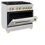 ZLINE Autograph Edition 2-Piece Appliance Package - 36-Inch Dual Fuel Range & Wall Mounted Range Hood in Stainless Steel with Gold Trim (2AKP-RARH36-G)