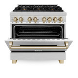 ZLINE Autograph Edition 2-Piece Appliance Package - 36-Inch Dual Fuel Range & Wall Mounted Range Hood in Stainless Steel with Gold Trim (2AKP-RARH36-G)