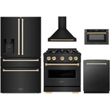 ZLINE 5-Piece Appliance Package - 30-Inch Dual Fuel Range, Hood, Refrigerator with Water Dispenser, Dishwasher, and Microwave Drawer in Black Stainless Steel with Gold Accents