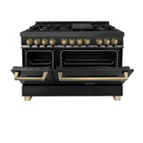 ZLINE Autograph Edition 4-Piece Appliance Package - 48-Inch Dual Fuel Range, Refrigerator with Water Dispenser, Wall Mounted Range Hood, & 24-Inch Tall Tub Dishwasher in Black Stainless Steel with Champagne Bronze Trim (4KAPR-RABRHDWV48-CB)