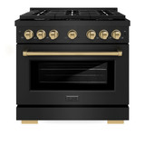 ZLINE Autograph Edition 4-Piece Appliance Package - 36-Inch Gas Range, Refrigerator, Wall Mounted Range Hood, & 24-Inch Tall Tub Dishwasher in Black Stainless Steel with Champagne Bronze Trim (4AKPR-SGRBRHDWV36-CB)