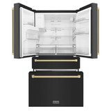 ZLINE 5-Piece Appliance Package - 48-Inch Dual Fuel Range, Hood, Refrigerator with Water Dispenser, Dishwasher, and Microwave Drawer in Black Stainless Steel with Champagne Bronze Accents