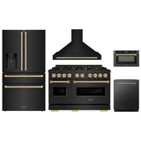 ZLINE 5-Piece Appliance Package - 48-Inch Dual Fuel Range, Hood, Refrigerator with Water Dispenser, Dishwasher, and Microwave Drawer in Black Stainless Steel with Champagne Bronze Accents