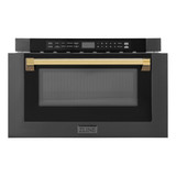 ZLINE 5-Piece Appliance Package - 48-Inch Gas Range, Hood, Refrigerator, Dishwasher, and Microwave Drawer in Black Stainless Steel with Gold Accents