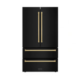 ZLINE 5-Piece Appliance Package - 48-Inch Gas Range, Hood, Refrigerator, Dishwasher, and Microwave Drawer in Black Stainless Steel with Gold Accents