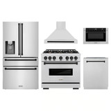 ZLINE 5-Piece Appliance Package - 36-Inch Dual Fuel Range, Hood, Refrigerator with Water Dispenser, Dishwasher, and Microwave Drawer in Stainless Steel with Matte Black Accents