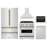ZLINE 5-Piece Appliance Package - 30-Inch Gas Range, Hood, Refrigerator, Dishwasher, and Microwave Drawer in Stainless Steel with Gold Accents