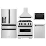 ZLINE 5-Piece Appliance Package - 30-Inch Dual Fuel Range, Hood, Refrigerator with Water Dispenser, Dishwasher, and Microwave Drawer in Stainless Steel with Matte Black Accents