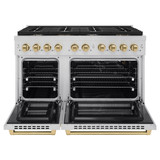 ZLINE Autograph Edition 4-Piece Appliance Package - 48-Inch Gas Range, Refrigerator with Water Dispenser, Wall Mounted Range Hood, & 24-Inch Tall Tub Dishwasher in Stainless Steel with Champagne Bronze Trim (4KAPR-SGRRHDWM48-CB)