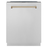 ZLINE 48-Inch Autograph Edition Kitchen Package with Satin Stainless Steel Gas Range, Wall Mount Range Hood and Dishwasher with Champagne Bronze Accents (3AKPR-SGRSRHDWM48-CB)