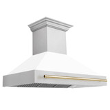 ZLINE 48-Inch Autograph Edition Kitchen Package with Satin Stainless Steel Gas Range, Wall Mount Range Hood and Dishwasher in White Matte and Gold Accents (3AKPR-SGRSWMRHDWM48-G)