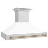 ZLINE Autograph Edition 4-Piece Appliance Package - 48-Inch Stainless Steel Gas Range, Refrigerator with Water Dispenser, Wall Mounted Range Hood, & 24-Inch Tall Tub Dishwasher in White Matte and Champagne Bronze Accents (4AKPR-SGRWMRHDWM48-CB)