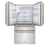 ZLINE Autograph Edition 4-Piece Appliance Package - 48-Inch Stainless Steel Gas Range, Refrigerator with Water Dispenser, Wall Mounted Range Hood, & 24-Inch Tall Tub Dishwasher in White Matte and Champagne Bronze Accents (4AKPR-SGRWMRHDWM48-CB)
