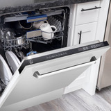 ZLINE 5-Piece Appliance Package - 48-Inch Gas Range, Refrigerator, Convertible Wall Mount Hood, Microwave Drawer, and 3-Rack Dishwasher in Stainless Steel (5KPR-SGRRH48-MWDWV)