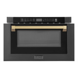 ZLINE 5-Piece Appliance Package - 48-Inch Gas Range, Hood, Refrigerator with Water Dispenser, Dishwasher, and Microwave Drawer in Black Stainless Steel with Champagne Bronze Accents