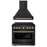 ZLINE Autograph Edition 2-Piece Appliance Package - 36-Inch Gas Range & Wall Mounted Range Hood in Black Stainless Steel with Gold Trim (2AKP-SGRBRH36-G)