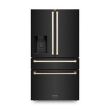 ZLINE 4-Piece Appliance Package - 48-Inch Dual Fuel Range, Hood, Refrigerator with Water Dispenser, and Dishwasher in Black Stainless Steel with Gold Accents