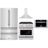ZLINE 4-Piece Appliance Package - 30-Inch Gas Range, Refrigerator, Convertible Wall Mount Hood, and Microwave Drawer in Stainless Steel (4KPR-SGRRH30-MW)