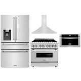 ZLINE 4-Piece Appliance Package - 36-Inch Dual Fuel Range, Refrigerator with Water Dispenser, Convertible Wall Mount Hood, and Microwave Drawer in Stainless Steel (4KPRW-RARH36-MWD)