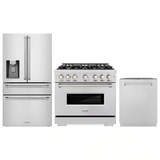 ZLINE 3-Piece Appliance Package - 36-Inch Gas Range, Refrigerator with Water Dispenser, and Dishwasher in Stainless Steel