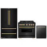ZLINE 3-Piece Appliance Package - 36-Inch Dual Fuel Range, Refrigerator, and Dishwasher in Black Stainless Steel with Gold Accents