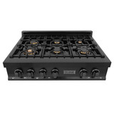 ZLINE 4-Piece Appliance Package - 36-Inch Rangetop with Brass Burners, Refrigerator, 30-Inch Electric Wall Oven, and Convertible Wall Mount Hood in Black Stainless Steel (4KPR-RTBRH36-AWS)