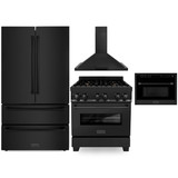 ZLINE 4-Piece Appliance Package - 30-Inch Dual Fuel Range with Brass Burners, Refrigerator, Convertible Wall Mount Hood, and Microwave Oven in Black Stainless Steel (4KPR-RABRH30-MWO)